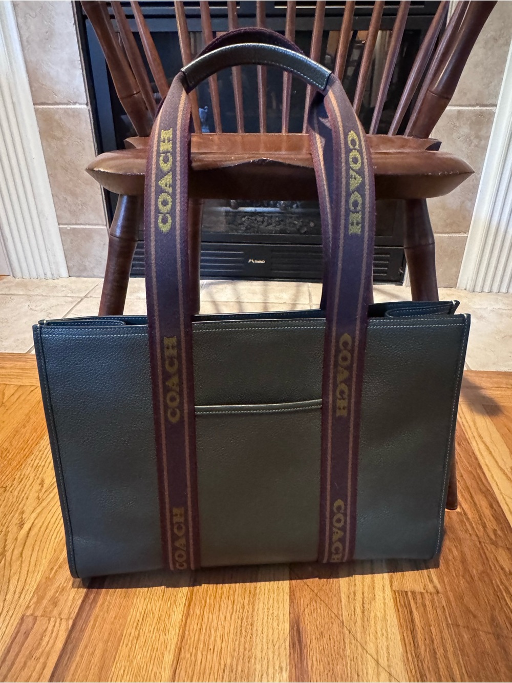 Large Coach Green Leather Tote Bag with Branded Strap